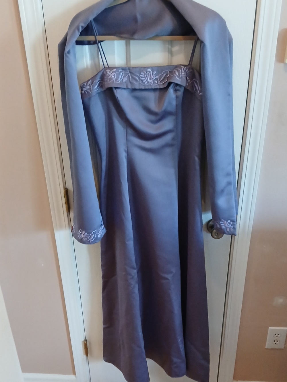 Satin Evening Slip Dress with Matching Shawl - Lavender Gray